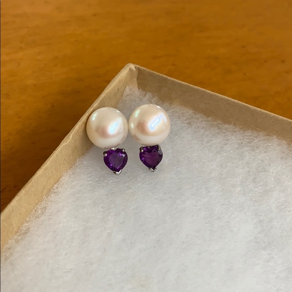 Pearl earrings with purple gem attached - Picture 1 of 1